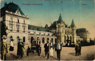 1912 Temesvár, Timisoara; Józsefváros, Indóház, vasútállomás. Montázs autóval / Iosefin railway station. Montage with automobile (fa)