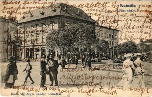 1905 Szabadka, Subotica; piac árusokkal, Szabadkai gazdák és iparosok hitelintézeti részvénytársasága, montázs / market with vendors, farmers and craftsmen's credit institution. montage (EK)