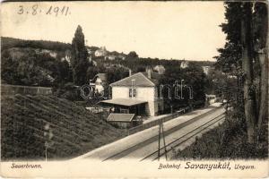 1911 Savanyúkút, Bad Sauerbrunn; Bahnhof / vasútállomás. P. Ledermann kiadása / railway station (EK)