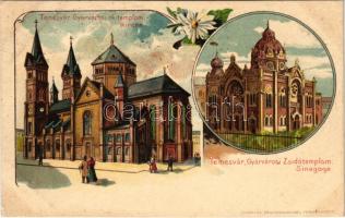 1900 Temesvár, Timisoara; Gyárváros, Római katolikus és zsidó templom, zsinagóga. Corvina könyvkereskedés kiadása / Fabrica, church and synagogue. Art Nouveau, floral, litho (EK)