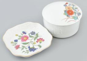 Japán porcelán tégely és Momoyama tálka. Kézzel festett/matricás, jelzett, minimális kopással/hibátlan, d: 9,5 cm, 10,5x10,5 cm