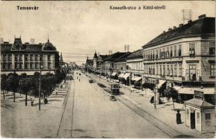 1915 Temesvár, Timisoara; Kossuth utca, Küttl tér, villamos, sörcsarnok, Keppich Adolf üzlete / square, street, tram, beer hall (EK)