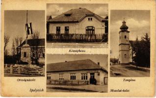 Ipolyvisk, Hontvisk, Vyskovce nad Iplom; Községháza, Országzászló, templom, Muzslai üzlete és saját kiadása / town hall, Hungarian flag, church, publisher's shop