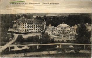 Pöstyén, Piestany; Thermia szálló az Irma fürdővel, hajóhíd. Schulcz Ignác kiadása / Thermia-Palace mit Bad Irma / hotel, spa, bath, pontoon bridge (Rb)