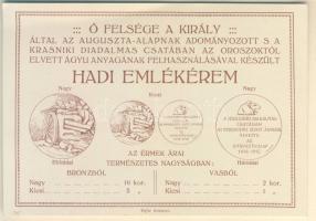 1915. Auguszta hadi emlékérem reklámlap, az érem variánsainak teljes ábrázolásával