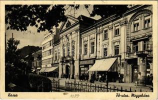 1939 Kassa, Kosice; Fő utca, Megyeháza, Freudenfeld Oszkár hentes üzlete / main street, county hall, butcher shop + SZIKSZÓ P.U. SZEKRÉNYBŐL (Rb)