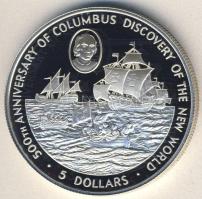 Kajmán-szigetek 1988. 5$ Ag "500 éve fedezte fel Kolumbusz Amerikát" T:PP Csak 10.000db!