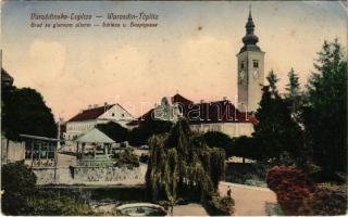 Varasdfürdő, Warasdin-Töplitz, Varazdinske Toplice; Grad sa glavnom ulicom / Schloss und Hauptgasse / castle and main street / vár és Fő utca, fürdő. Ferd. Rosenberg kiadása (EK)