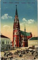 1918 Eszék, Osijek, Esseg; Felsővárosi templom, piac, drogéria. Vasúti levelezőlapárusítás 40-1916. / crkva / Kirche / church, market, drogerie (EK)