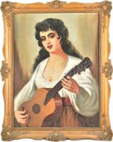 Olvashatatlan jelzéssel: Hölgy gitárral. Olaj, vászon. Dekoratív fakeretben, 80x60 cm.