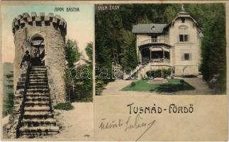 Tusnád-fürdő, Baile Tusnad; Apor bástya, Villa Lily. Brunner Lajos kiadása / bastion tower, villa (EK)