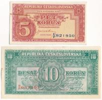 Csehszlovákia 1945. 10K RF 657501 perforálva + 1949. 5K UP 821950 perforálva T:I- gemkapocs nyom Czechoslovakia 1945. 10 Korun RF 657501 perforated with 3 holes + 1949. 5 Korun UP 821950 perforated with 3 holes C:AU paperclip mark Krause P#60s, 68s