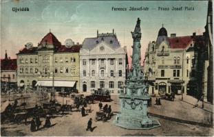 Újvidék, Novi Sad; Ferenc József tér, Szentháromság szobor, villamos, Grand Hotel Mayer szálloda, Első magyar biztosító társaság, Dornstadter Jakab üzlete, sörcsarnok, piac. Natosevic kiadása / square, Trinity statue, hotel, tram, shops, insurance company, beer hall, market