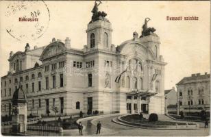 1910 Kolozsvár, Cluj; Nemzeti színház magyar zászlókkal és címerrel. Sámuel S. Sándor kiadása / theatre with Hungarian flags and coat of arms