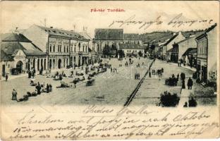 1901 Torda, Turda; Fő tér, Bernad Antal, Székely Testvérek, Gönczi József üzlete, Japán kávéház, piac / main square, shops, café, market (EK)