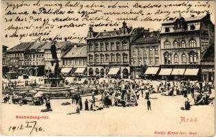 1912 Arad, Szabadság tér, piac, Kuttn Gyula üzlete, Adriai Biztosító / square, market, shops