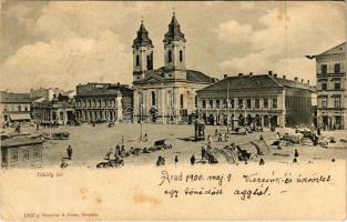 1900 Arad, Thököly tér, piac, Ifj. Löwy Ármin, Hoffmann József, Schwarz R. üzlete, kávéház / square, market, shops, café (tűnyom / pin mark)