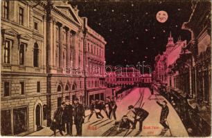 1910 Arad, Aczél Péter utca este. Humoros montázs részeg férfiakkal. Ingusz J. és Fia kiadása / street view at night. Humorous montage with drunk men