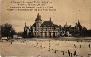 Budapest XIV. Budapesti Korcsolyázó Egylet műjégpályája télen, háttérben a Vajda-Hunyad vára (szakadás / tear)