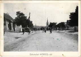 1943 Héreg, utcakép, templom, kerékpáros (kopott sarkak / worn corners)