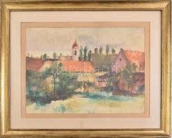Juhász Erika (1926-2018): Balatonfelvidék. Akvarell, papír, jelzés nélkül. Dekoratív, üvegezett fakeretben, 33×46,5 cm
