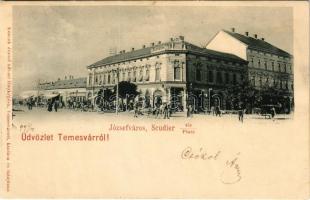 1899 (Vorläufer) Temesvár, Timisoara; Józsefváros, Scudier tér, üzletek, piac. Kossak József udvari fényképész kiadása / Iosefin, square, market, shops (r)