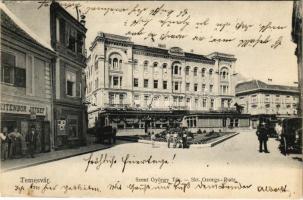 1904 Temesvár, Timisoara; Szent György tér, Takarékpénztár, Leitenbor József üzlete / Skt. Georgs-Platz / square, shops, savings bank (Rb)