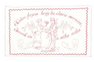 "Kedves férjem hogy ha elmész messzire, Jussak én is néha néha eszedbe", háborús, katonai motívumos hímzett falvédő kissé koszos, 90x53 cm