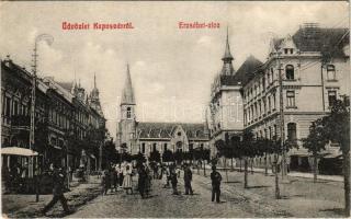 Kaposvár, Erzsébet utca, templom, piac. Szabó Lipót kiadása (EK)