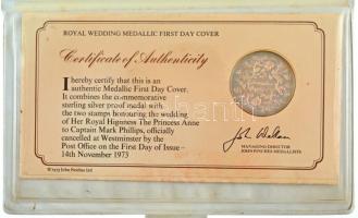 Egyesült Királyság 1973. "Királyi esküvő" Ag emlékérem elsőnapi borítékban, sérült eredeti tokban, angol nyelvű leírással (25.68g/0.925/38.7mm) T:1-  United Kingdom 1973. "Royal Wedding Medallic First Day Cover" Ag commemorative medallion, in demaged original case with firts day envelope, with english description (25.68g/0.925/38.7mm) C:AU