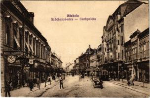 1928 Miskolc, Széchenyi utca, Bankpalota, villamos, cipész, műórás és ékszerész üzlet. Vasúti levelezőlapárusítás 488.