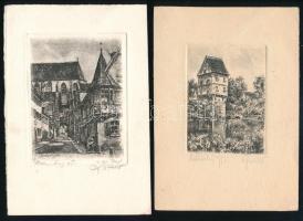 Olvashatatlan jelzéssel: Rothenburg ob der Tauber, 2 db rézkarc, papír, 9,5x7 cm és 8x5,5 cm
