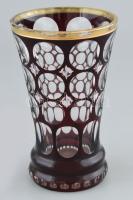 Biedermeier üveg pohár, überfangos, csiszolt, pácolt, kopásokkal, m: 14,5 cm