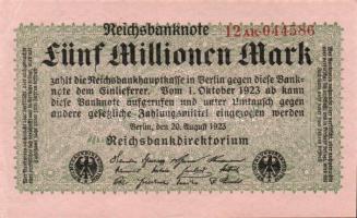 Német Birodalom / Weimari Köztársaság 1923. 5.000.000M cégnyomat, piros cégjelzés T:I-