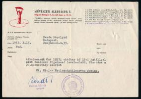 1952 Bp., Művészeti Alkotások Vállalat (később Képzőművészeti Alap Kiadóvállalata) hivatalos levele, Kardos Miklós igazgató saját kezű aláírásával, pecséttel