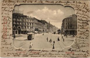 1901 Budapest VI. Octogon tér, villamos, Budapest képes politikai napilap, Abbazia kávéház, Prindl Nándor üzlete. Divald Károly 217. Art Nouveau (Rb)