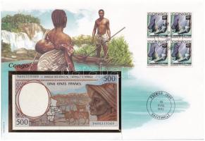 Közép-Afrika / Kongó bankjegyes pecsételt és bélyeges boríték benne Kamerun 1993-2002. 500Fr T:I Central Africa / Congo sealed envelope with stamp and cancellation, in it Cameroon 1993-2002. 500 Francs C:UNC