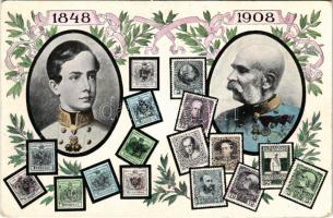 1848-1908 Ferenc József uralkodásának 60. évfordulója. Jubileumi díszes, szecessziós lap bélyegekkel / Franz Joseph's 60th anniversary of reign. Art Nouveau, floral with stamps (EK)