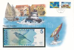 Holland-Antillák 1986. 5G borítékban, alkalmi bélyeggel és bélyegzéssel T:I Netherlands Antilles 1986. 5 Gulden in envelope with stamps and cancellations C:UNC