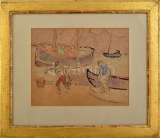 Jelzés nélkül: Halászok a parton. Akvarell, kréta, papír. Üvegezett, dekoratív, kissé sérült fakeretben. 24x31 cm