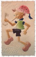 1960 Pinokkió. Orosz modern dombornyomott lap / Pinocchio. Modern Russian embossed textile postcard (EK)
