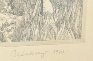 Badacsonyi Sándor (1949-2016): Vadászat, rézkarc, papír, jelzett, számozott (75/100), üvegezett kere...