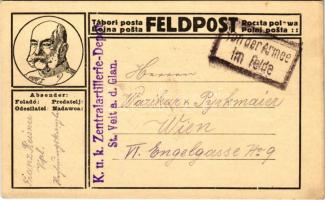 1916 Első világháborús tábori postai levelezőlap a Központi I. Ferenc József arcképével / WWI Austro-Hungarian K.u.K. military field postcard, patriotic propaganda with Franz Joseph I of Austria. Feldpostkarte + "K.u.K. Zentralartillerie-Depot St. Veit a. d. Glan" (EK)