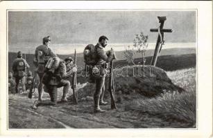 Ein still Gebet dem Freunde hier... A. M. Vállas / WWI Austro-Hungarian K.u.K. military art postcard, soldiers praying (EK)