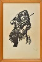 Petrus Béla: Lány hegedűvel, Linó, papír, jelzett, üvegezett keretben 30x40 cm