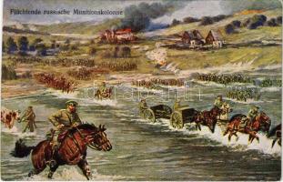 Flüchtende russische Munitionskolonne / WWI Austro-Hungarian K.u.K. military art postcard, fleeing Russians