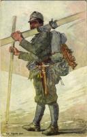 Skiläufer. Offizielle Karte für Rotes Kreuz, Kriegsfürsorgeamt Kriegshilfsbüro Nr. 515. / WWI Austro-Hungarian K.u.K. military art postcard, soldier with ski s: Carl Pippich (EK)