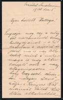 1906 kövesdi báró Huszár Ilona, Okolicsányi-Kuthy Dezsőné (1865-1932) festő és iparművész autográf levele Kézdi-Kovács Lászlónak (1864-1942), Kézdi-Kovács László a Könyves Kálmán Szalonban rendezett gyűjteményes kiállítására reagálva. Három beírt oldal, Huszár Ilona autográf aláírásával, eredeti borítékban.