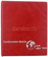 Banknoten Briefe aus aller Welt piros, plüssborítású, négygyűrűs album 30db, osztás nélküli, berakólappal. Használt, jó állapotban