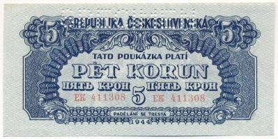 Csehszlovákia 1944. 5K EK 411308, SPECIMEN (MINTA) perforációval T:I,I- Czechoslovakia 1944. 5 Korun EK 411308, with SPECIMEN perforation C:UNC,AU Krause P#46s